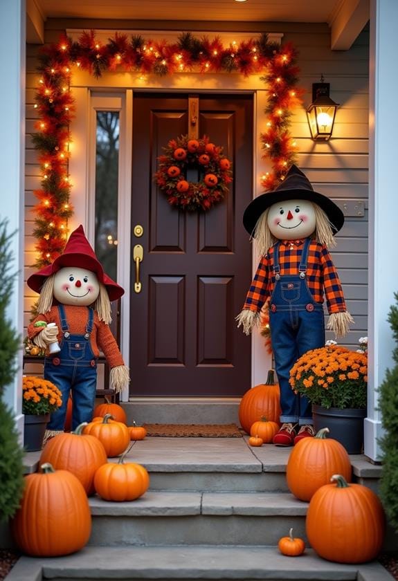 cheerful dressed up scarecrows