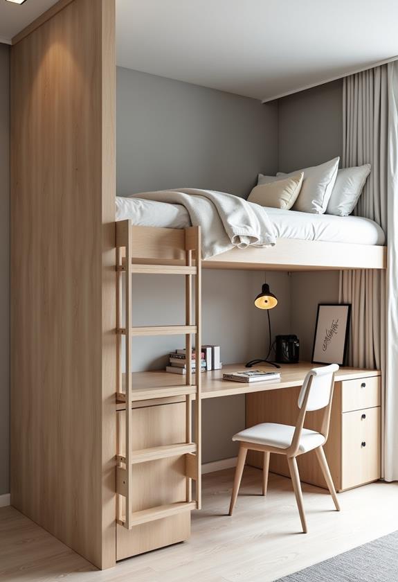 lofted beds featuring desks
