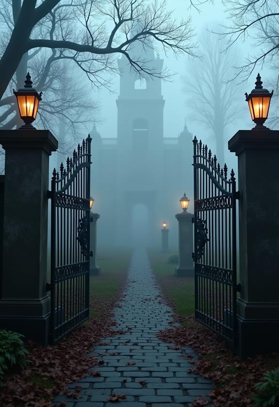 misty graveyard entrance scene