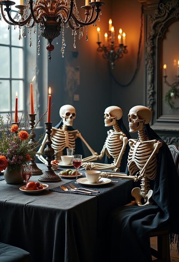 spooky skeletons enjoying tea