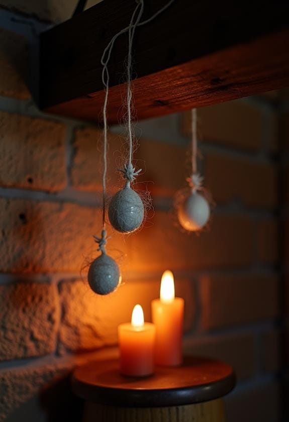 suspended spider egg sacs